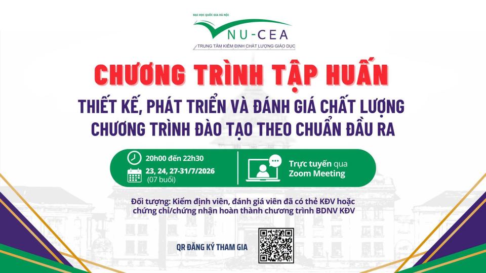 Thông báo về Chương trình tập huấn dành cho kiểm định viên, đánh giá viên giáo dục đại học về thiết kế, phát triển và đánh giá chất lượng chương trình đào tạo theo chuẩn đầu ra