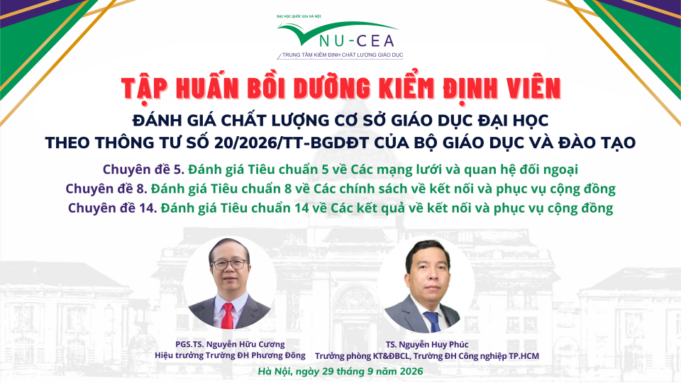 Tập huấn hướng dẫn đánh giá chất lượng cơ sở giáo dục đại học Tiêu chuẩn 5, Tiêu chuẩn 8 và Tiêu chuẩn 14 theo Thông tư 20/2026/TT-BGDĐT